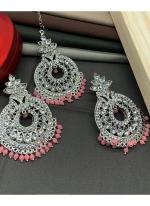 Pink Silver Stone Studded Earrings With Maang Tikka